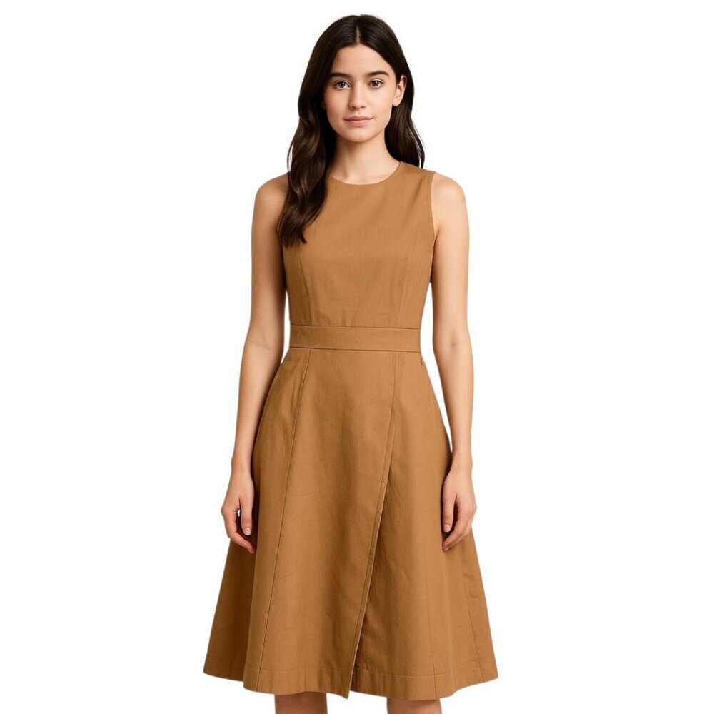 Toccin Sleeveless A-Line Wrap Skirt Knee Length Dress In Camel Sz 2